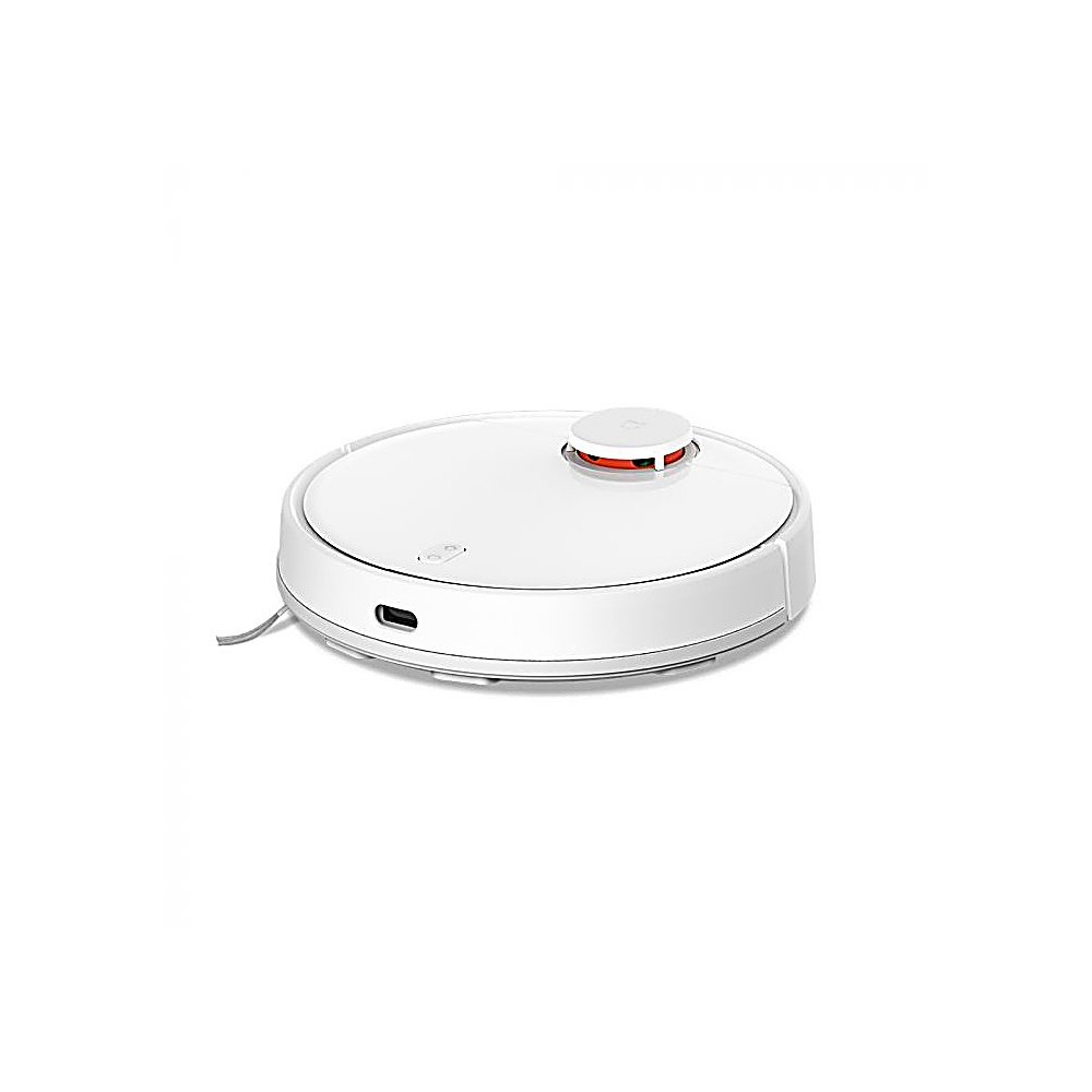 Una aspiradora robot circular blanca sobre un fondo blanco. Tiene un sensor rojo y un puerto de carga.