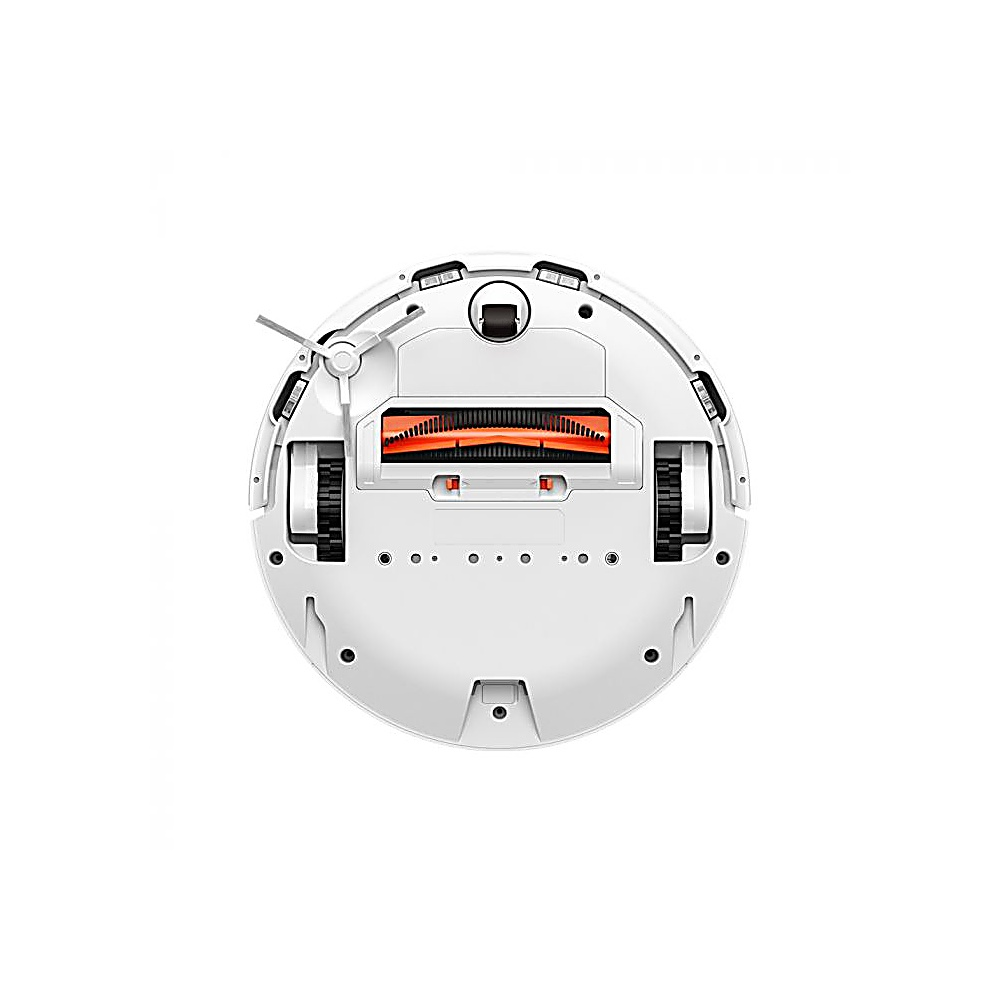 Vista superior de una aspiradora robot blanca. Tiene forma circular con detalles negros y naranjas, cepillos y ruedas.