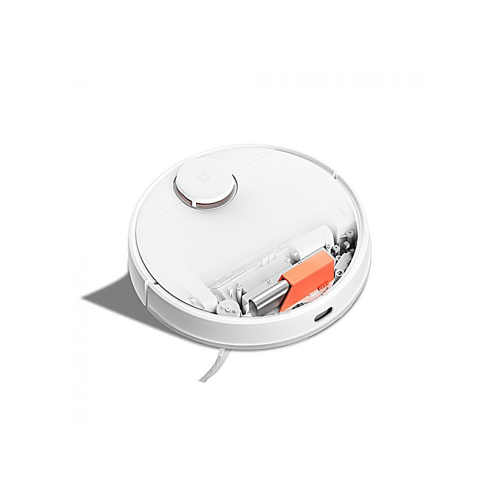 Un robot aspirador blanco, parcialmente desmontado, con un componente naranja visible. Se encuentra sobre una superficie blanca.