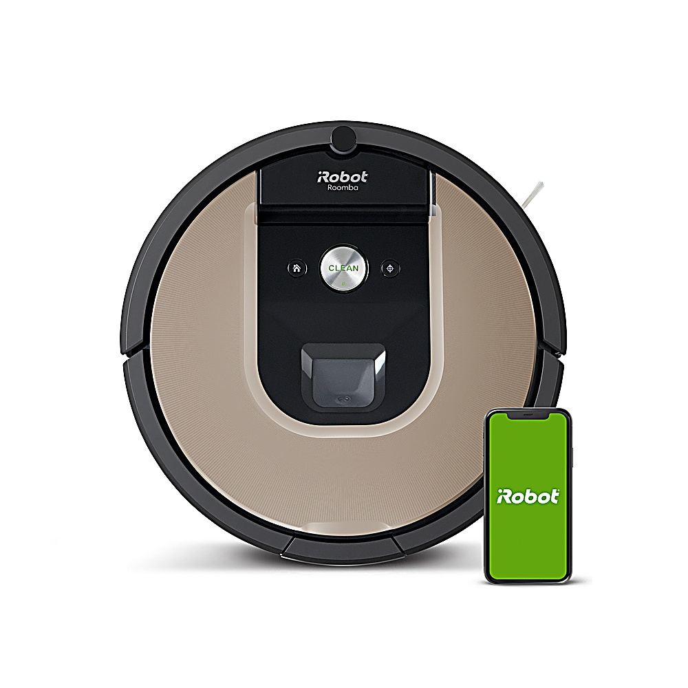 Un robot aspirador Roomba y un smartphone con el logotipo de Robot en la pantalla se muestran sobre un fondo blanco.