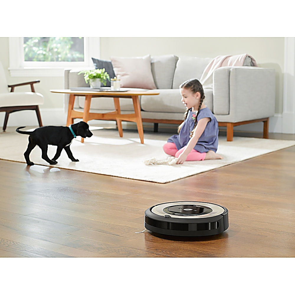 Una bambina e un cucciolo nero guardano un robot aspirapolvere. Sullo sfondo un divano, un tavolo e un tappeto.