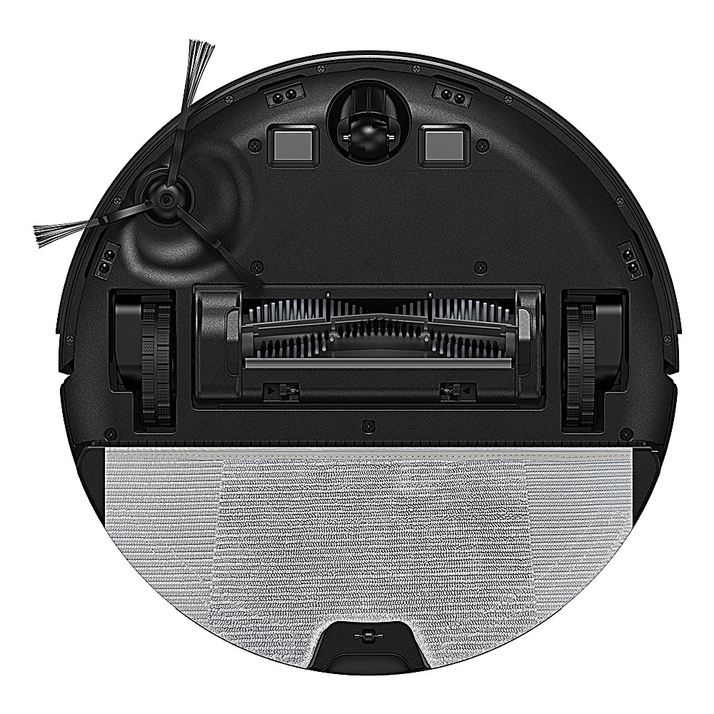 Czarny robot odkurzający, widok z góry, ze szczotkami, rolkami i nakładką czyszczącą. Design jest elegancki i nowoczesny.