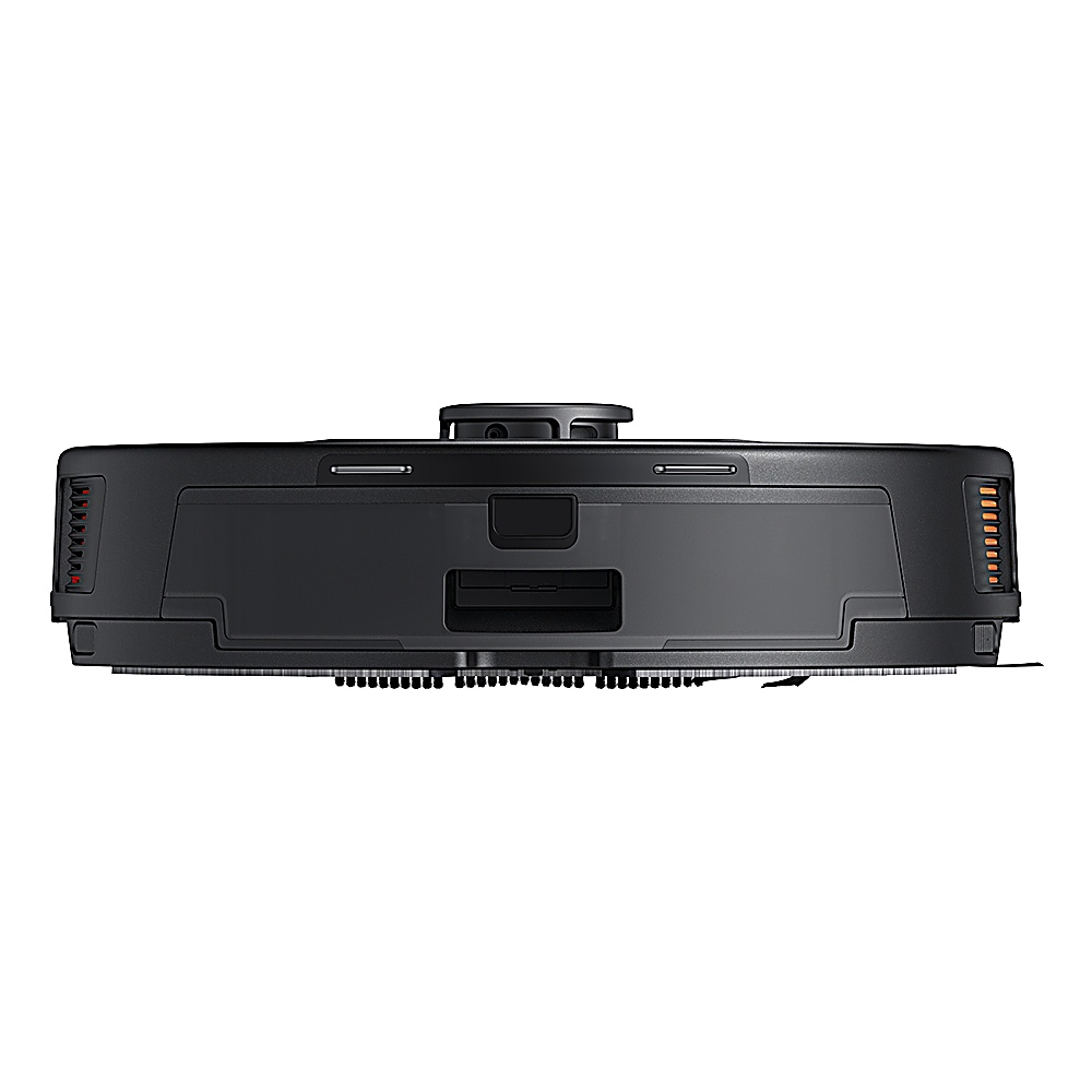 Czarny robot odkurzający. Ma zaokrąglony wierzch z czujnikiem i prostokątny korpus ze szczotkami i światłami.