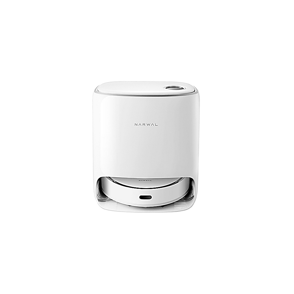 Ein weißer Narwal-Roboter-Staubsauger steht auf einer weißen Oberfläche. Er hat eine abgerundete Oberseite und eine kreisförmige Basis.