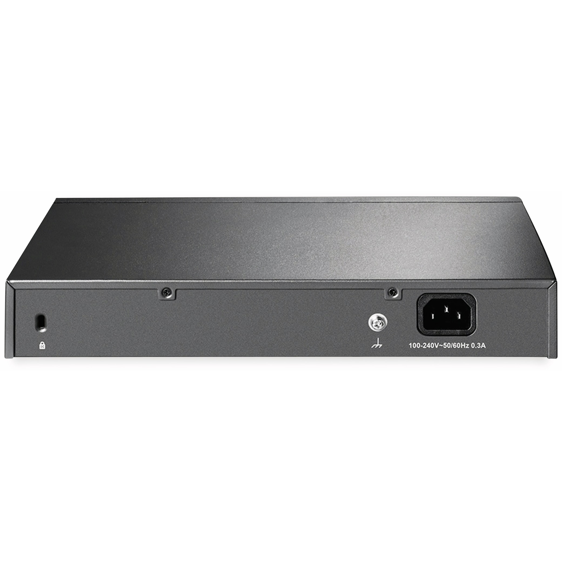 Ciemnoszary przełącznik sieciowy z wejściem zasilania, portami i wskaźnikiem zasilania. Ma symbol zamka.