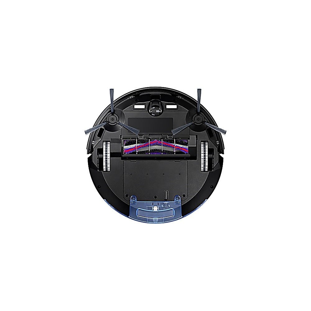 Ein runder, schwarzer Roboter-Staubsauger. Er hat Bürsten, einen Staubbehälter und eine Reinigungsbürste mit roten und lila Borsten.