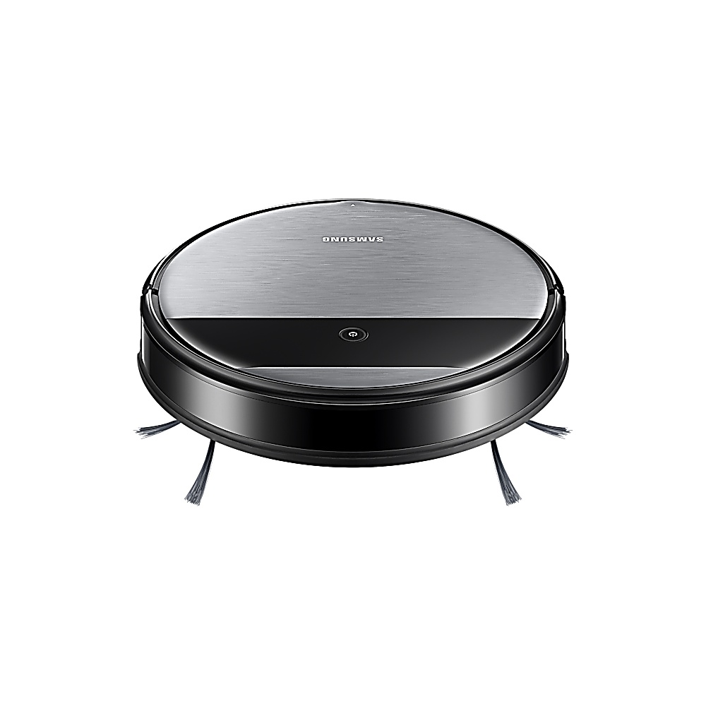 Ein Samsung-Roboter-Staubsauger. Er hat eine metallisch-silberne Oberseite, einen schwarzen unteren Bereich und zwei Bürsten. Der Markenname ist sichtbar.