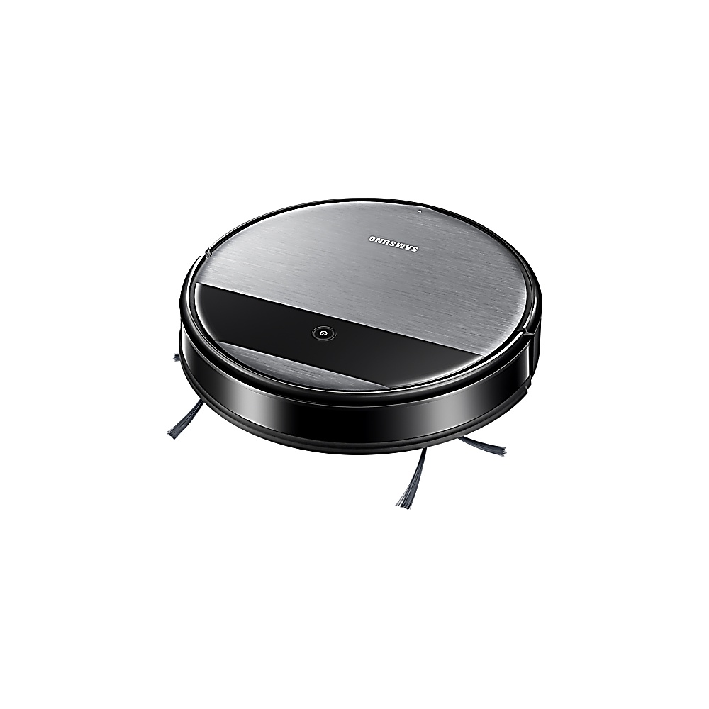Ein Samsung Roboter-Staubsauger. Er ist rund mit gebürsteter silberner Oberseite, einem schwarzen Streifen und einer schwarzen Basis. Er hat Bürsten.
