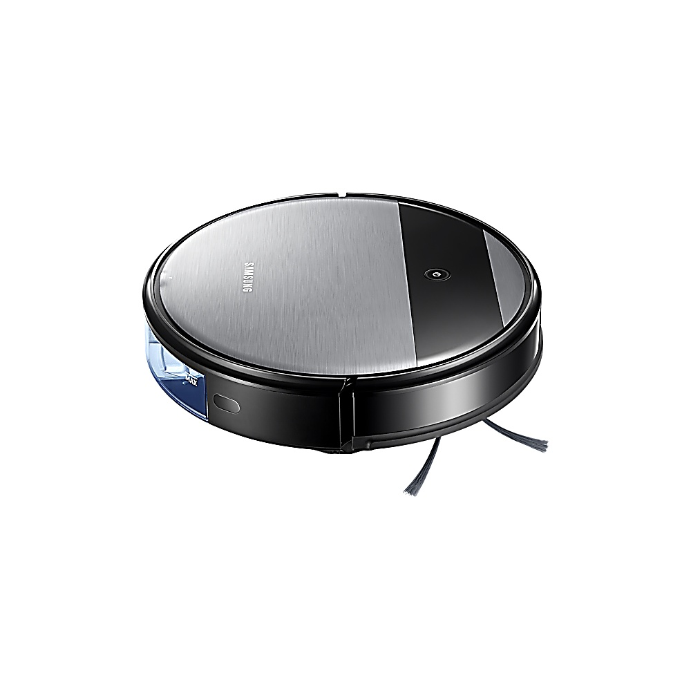 Ein Samsung-Roboter-Staubsauger. Er hat ein schwarz-silbernes Design. Der Staubsauger ist rund mit zwei Bürsten und einem Wassertank.