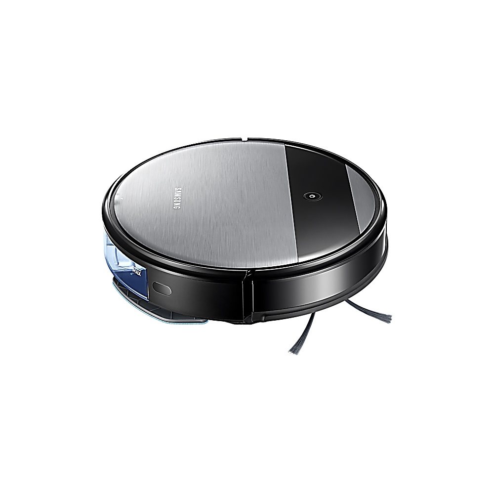 Ein Samsung-Roboterstaubsauger. Er ist rund, schwarz und silberfarben. Er hat Bürsten und einen Staubbehälter. Der Markenname ist sichtbar.