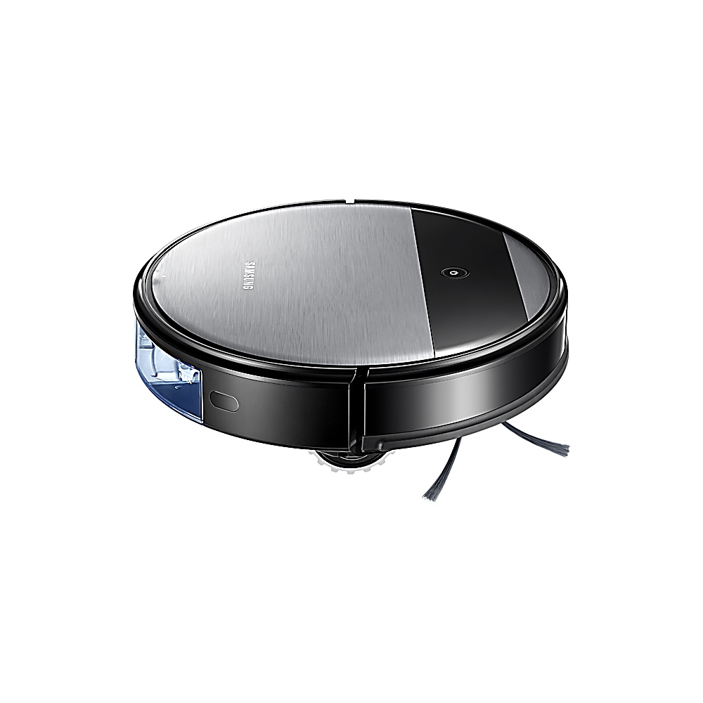 Ein Samsung-Roboter-Staubsauger. Er ist schwarz und silber, rund, mit Bürsten und einem Wassertank, auf weißem Hintergrund.