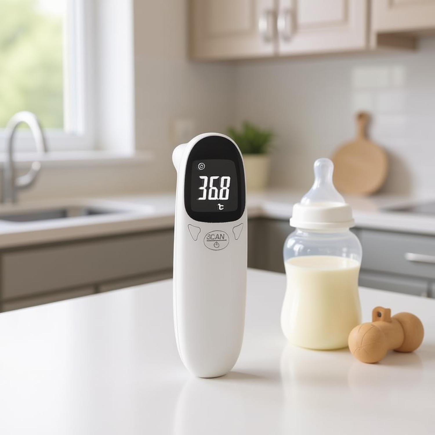 Ein weißes digitales Thermometer zeigt 36,8°C an. Auf einer weißen Arbeitsplatte in einer Küche stehen eine Babyflasche mit Milch und ein Holzspielzeug.