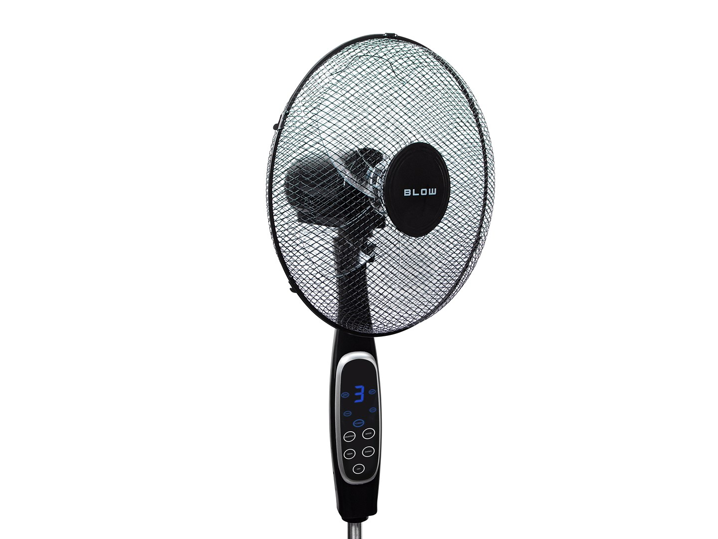 Czarny wentylator stojący z siatką ochronną i panelem sterowania. Wentylator wyświetla 'BLOW' i ma cyfrowy ekran.