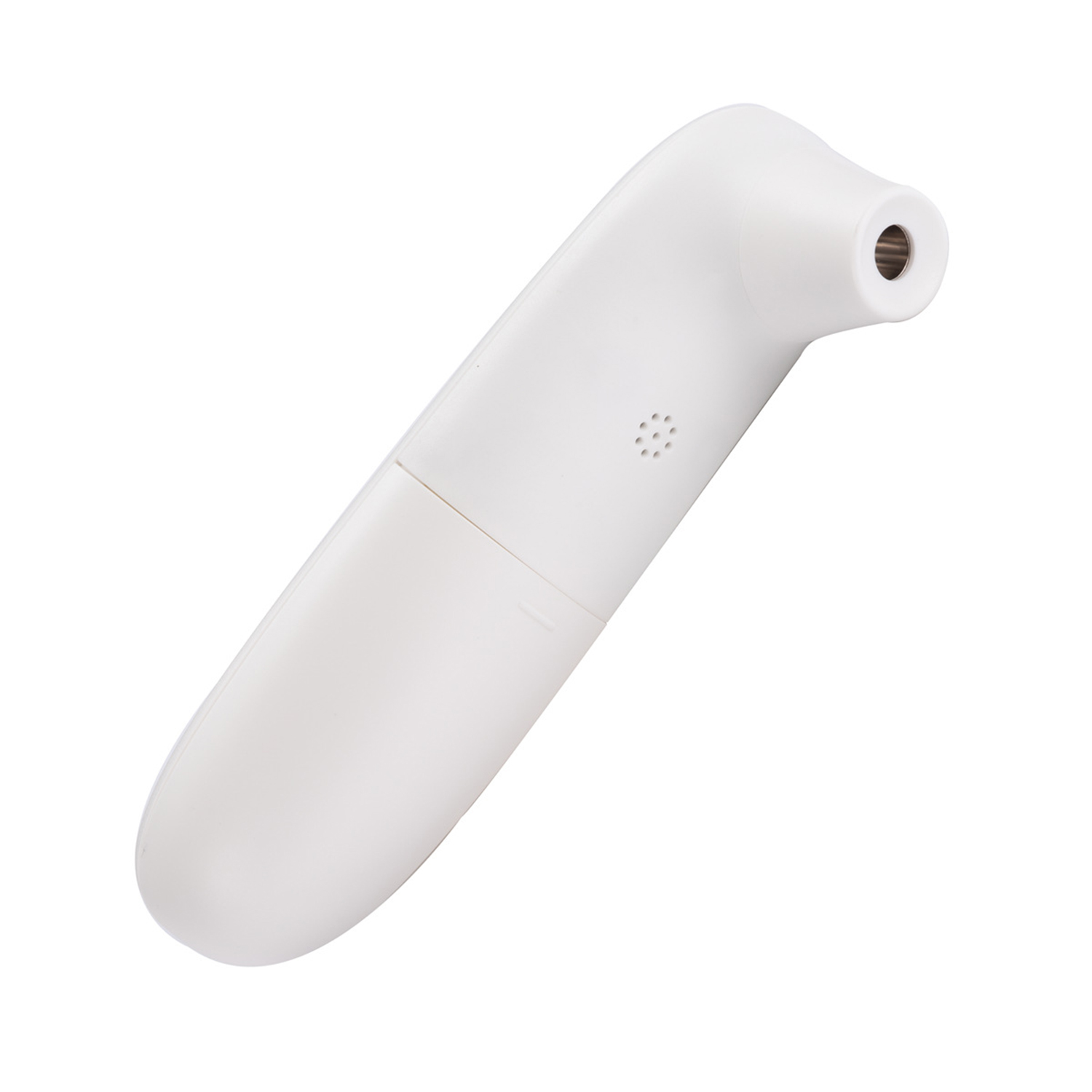Ein weißes digitales Ohrthermometer. Es hat einen langen Griff, eine Sensorspitze und einen kleinen Lautsprecher. Der Hintergrund ist weiß.