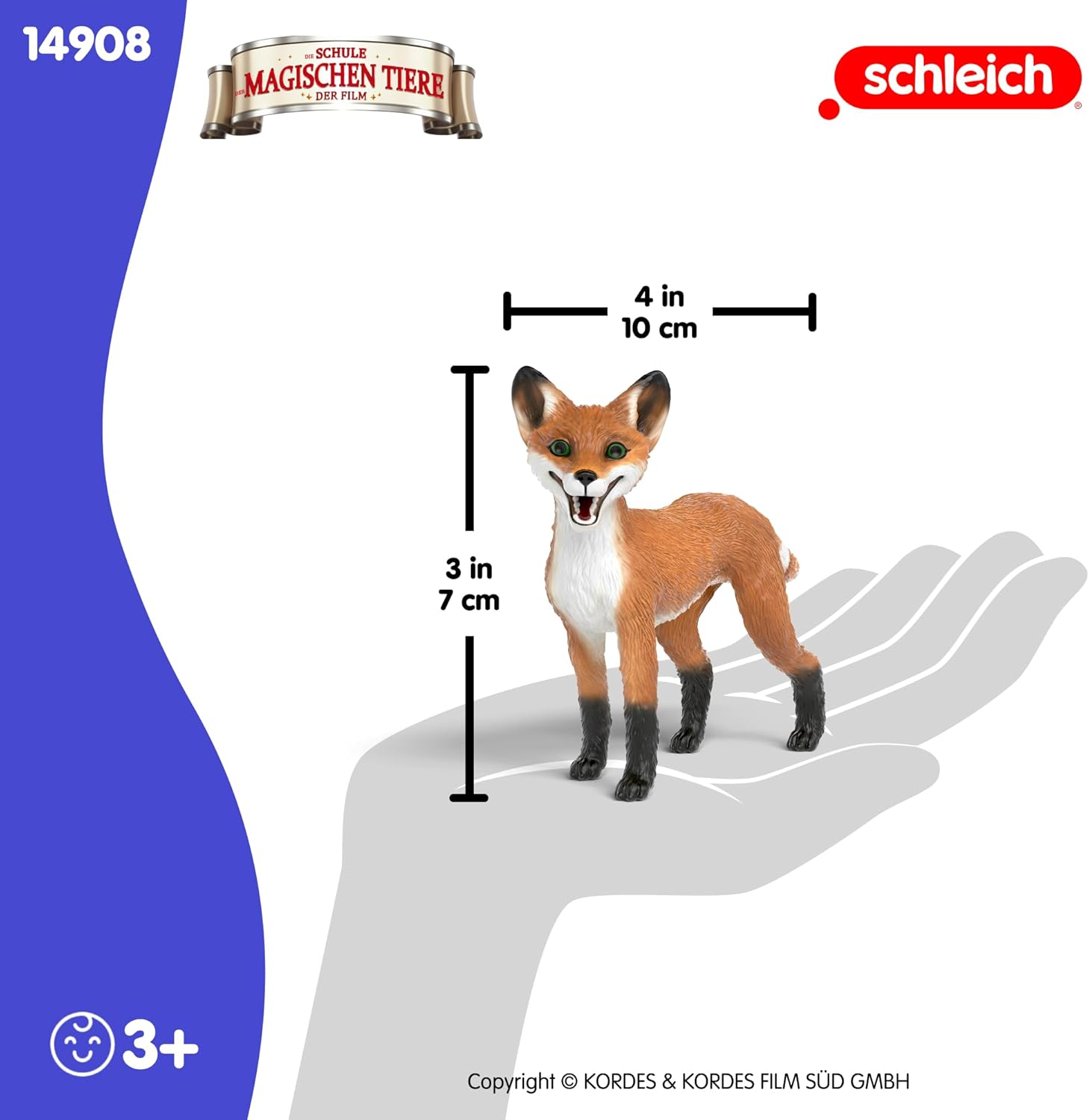 Figurka zabawkowego lisa pokazana na białym tle. Lis jest pomarańczowy z białym brzuchem i czarnymi nogami. Obraz zawiera wymiary.