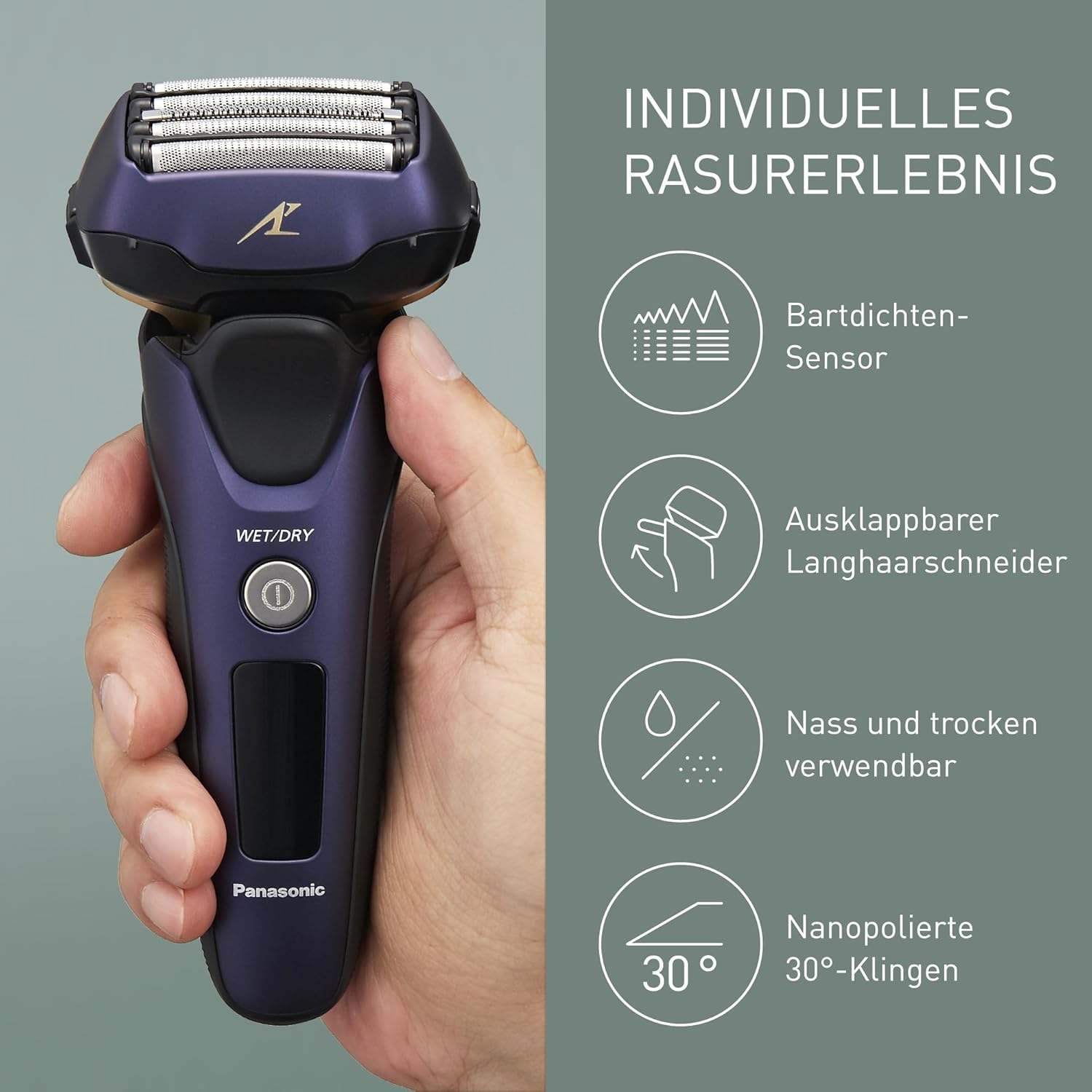 Eine Hand hält einen blau-goldenen Panasonic-Rasierer. Merkmale sind Nass/Trocken-Funktion und eine 30-Grad-Klinge.