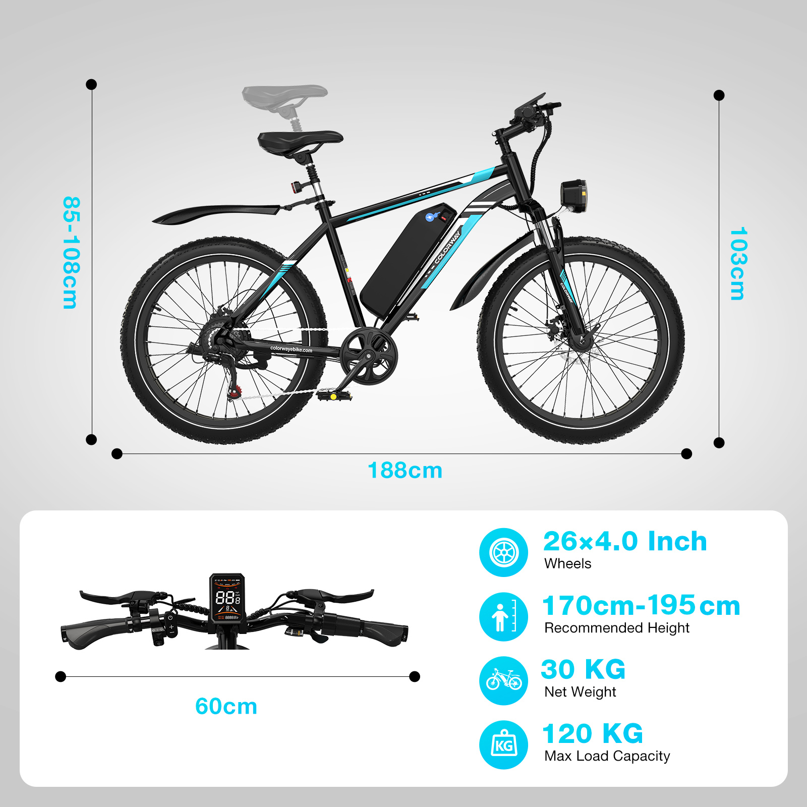 Black and blue e-bike with dimensions. Displays wheel size, recommended height, weight, and max load capacity.