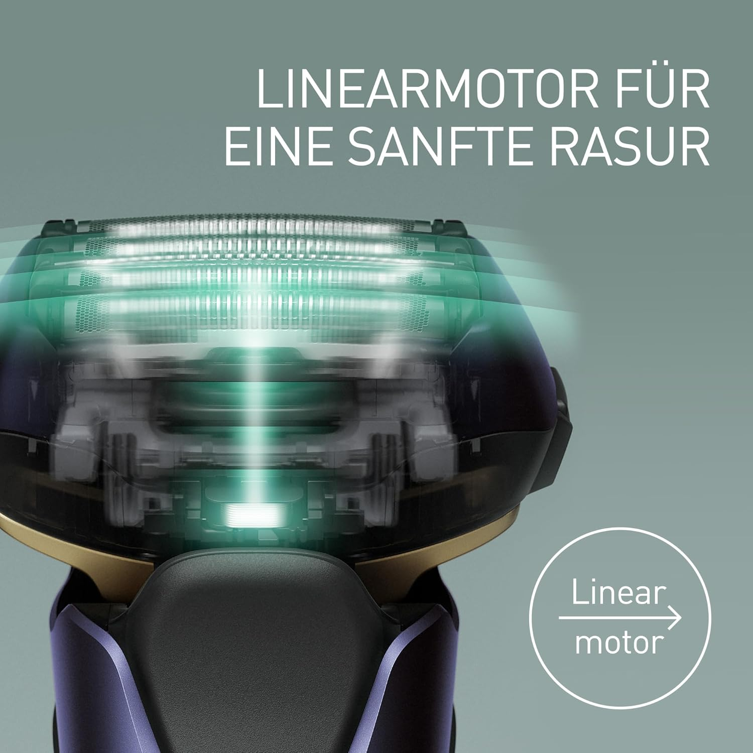 Elektrischer Rasierer mit dem Text 'Linear Motor' und 'Linear motor für eine sanfte Rasur' auf grünem Hintergrund.