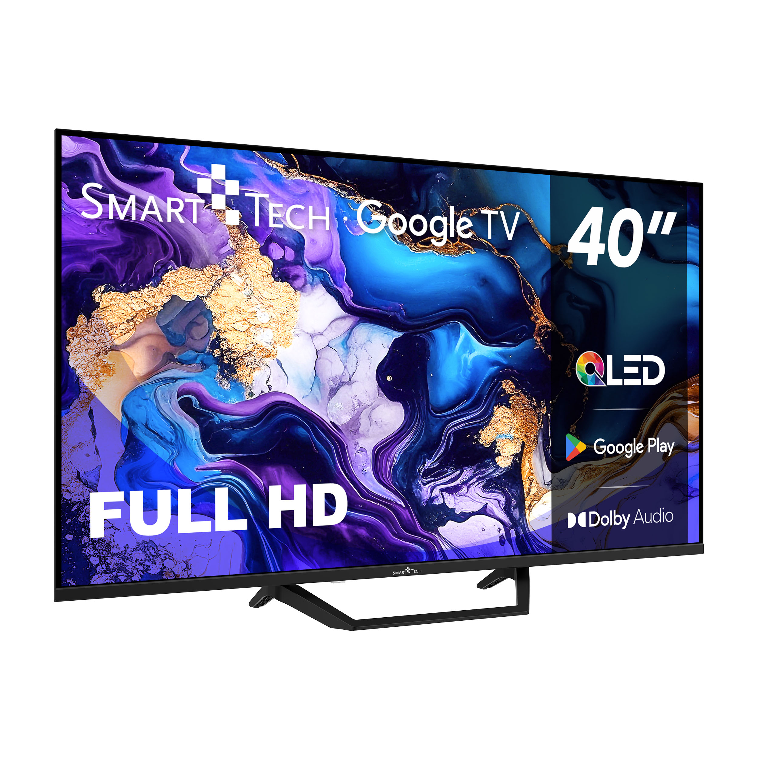 Ein 40-Zoll-Smart-Tech-Google-TV. Er verfügt über Full HD, QLED, Google Play und Dolby Audio.