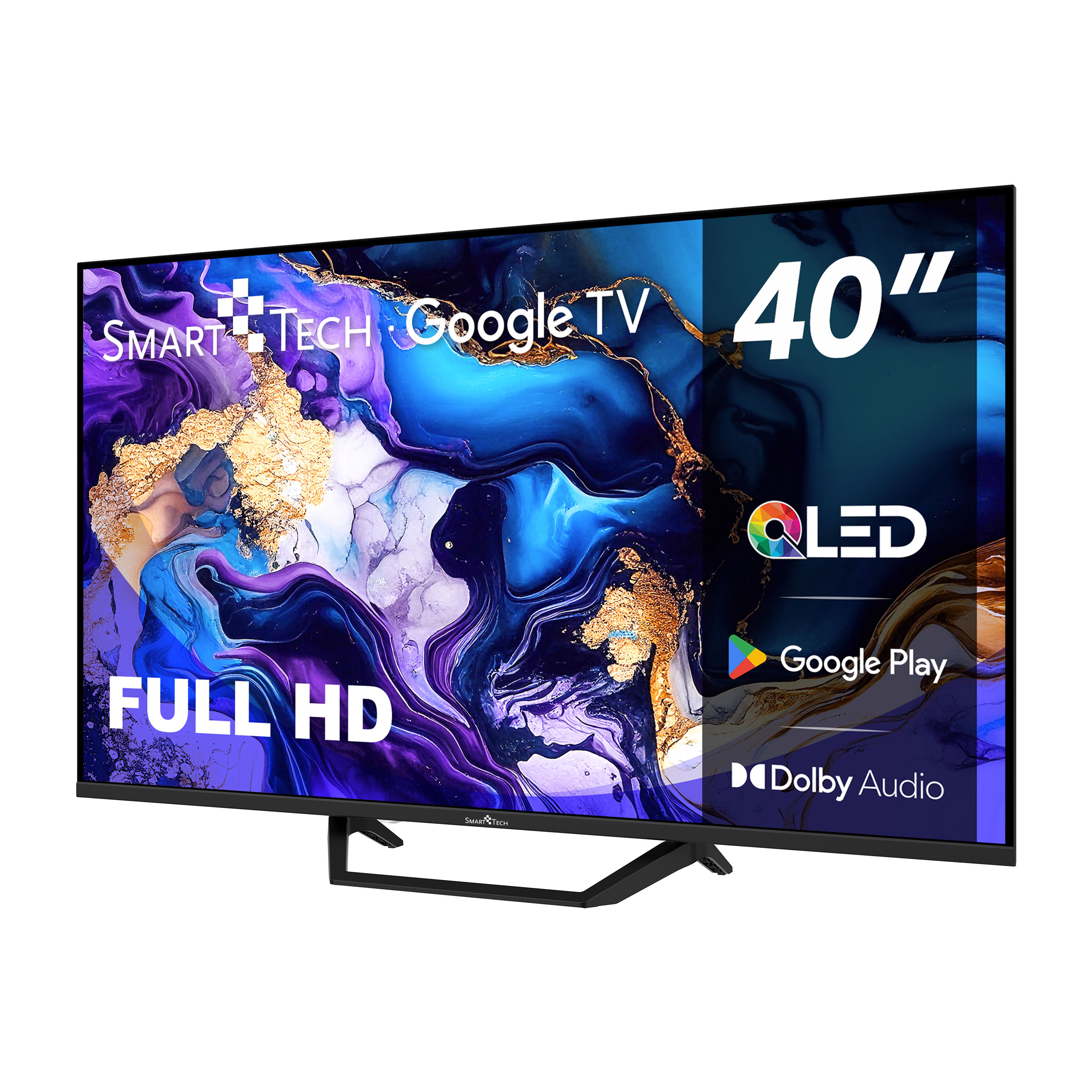 Ein Smart Tech 40" Full HD Google TV. Das Display hat QLED, Google Play und Dolby Audio Logos. Abstrakter Hintergrund.