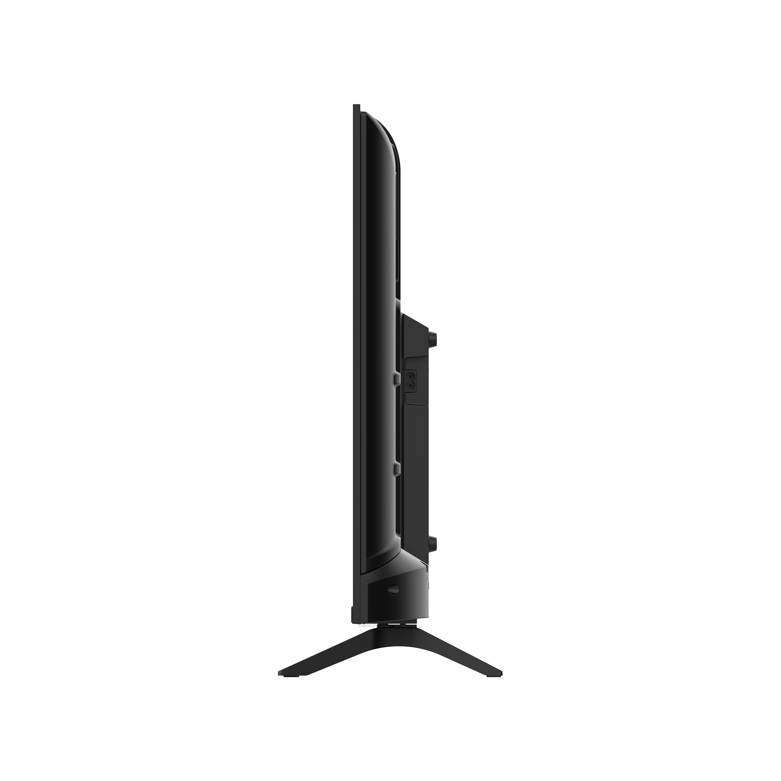 Seitenansicht eines schwarzen Fernsehers. Es hat einen Ständer und Steckdosen.