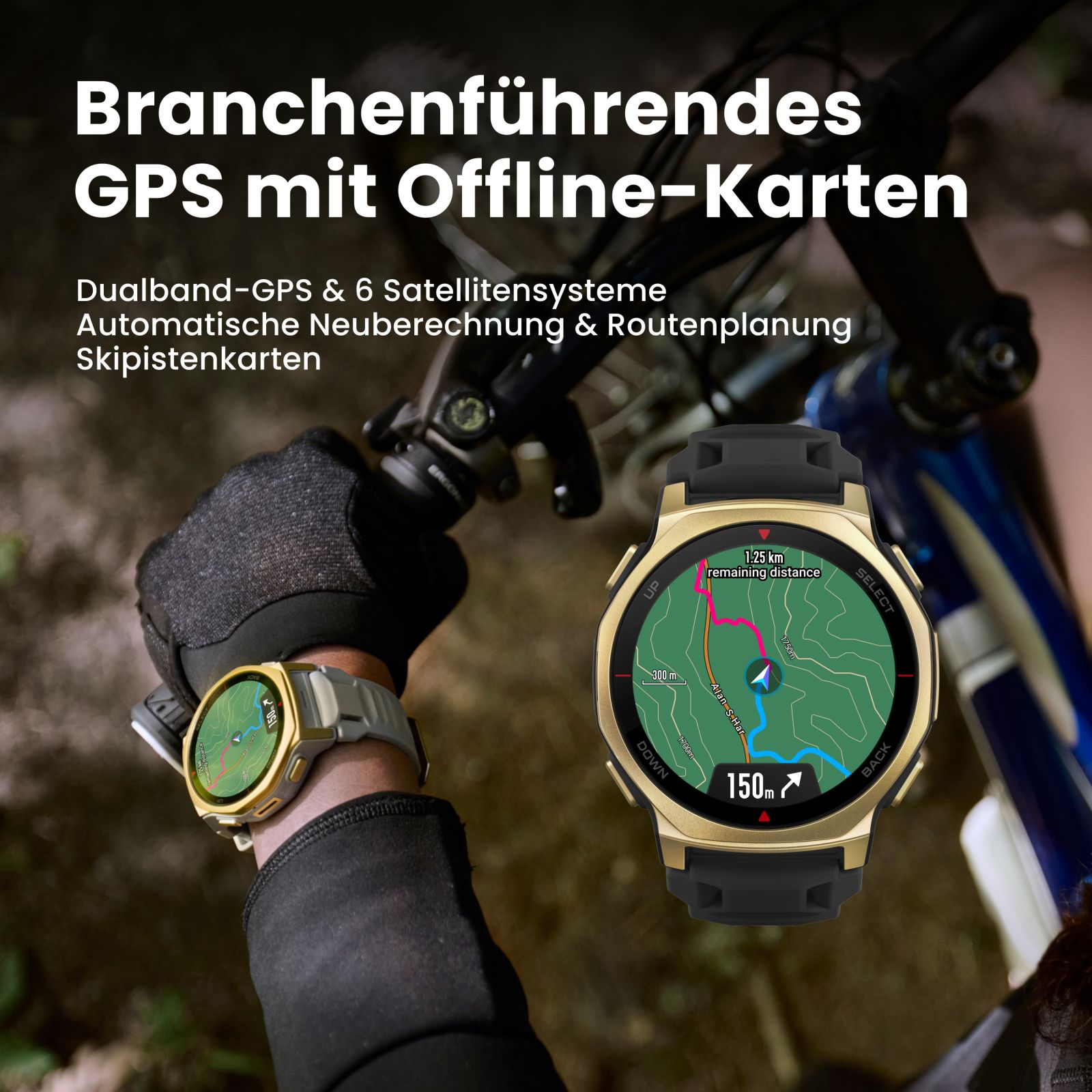 Zegarek wyświetla mapę z odległością i trasą. Tekst mówi GPS z mapami offline i dwuzakresowym GPS.