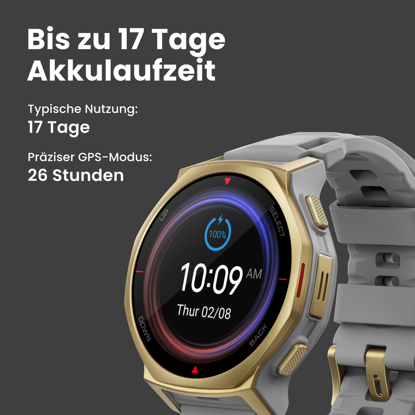 Smartwatch wyświetla godzinę, datę i stan baterii. Złota ramka, szary pasek i ciemne tło.
