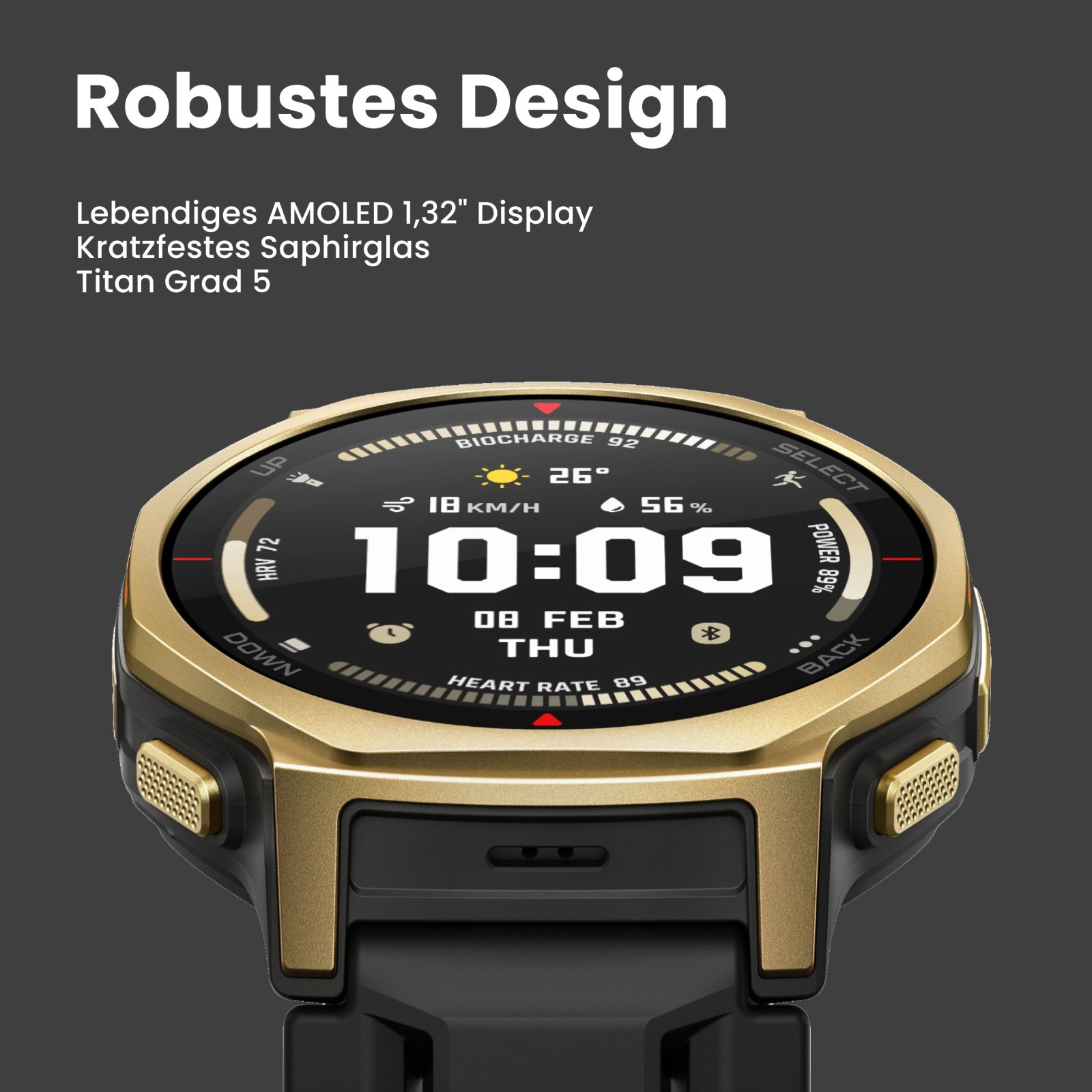 Złoty smartwatch wyświetla godzinę, datę i dane zdrowotne. Ekran pokazuje czas, temperaturę i procent baterii.