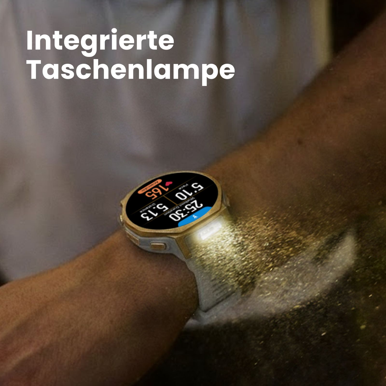 Zegarek na rękę z wiązką światła. Zegarek wyświetla dane treningowe. Tekst "Integrierte Taschenlampe" jest w tle.