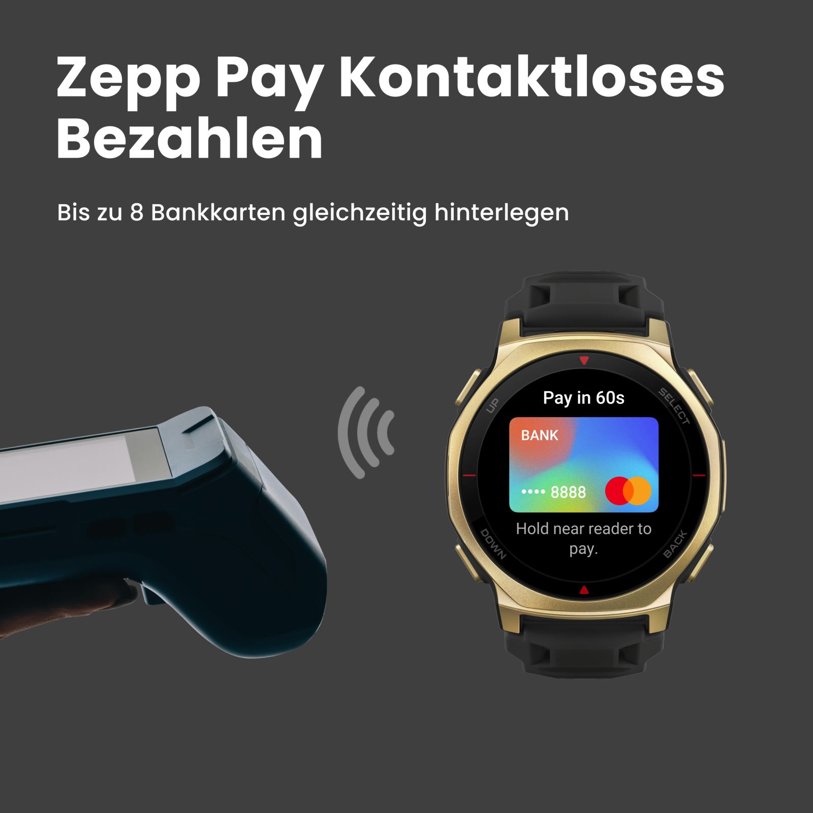 Złoty zegarek z ekranem płatności w pobliżu czytnika kart. Tekst: Zepp Pay, płatność zbliżeniowa.