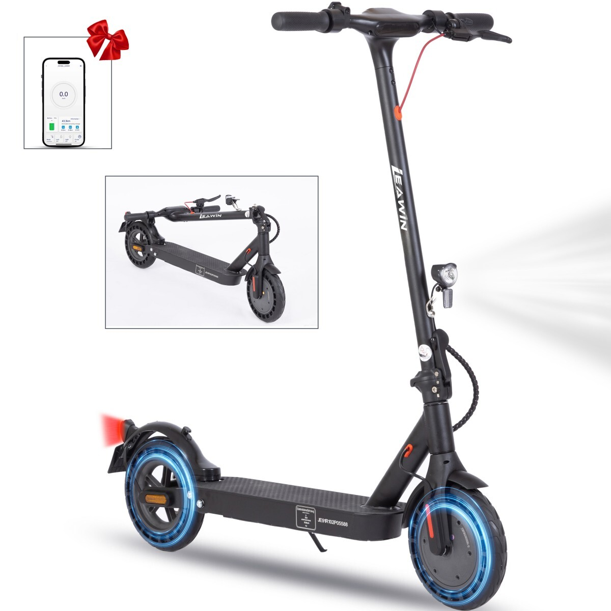 Czarna hulajnoga elektryczna ze smartfonem z danymi. Kokarda w lewym górnym rogu. Drugi obraz hulajnogi u góry po lewej.