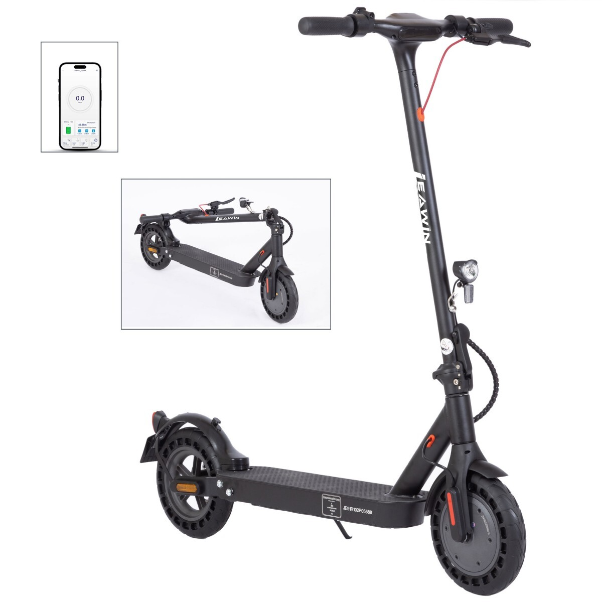 Czarny skuter elektryczny. Szczegóły na kierownicy i kole. Ekran smartfona pokazuje informacje. Inny obraz skutera w rogu.