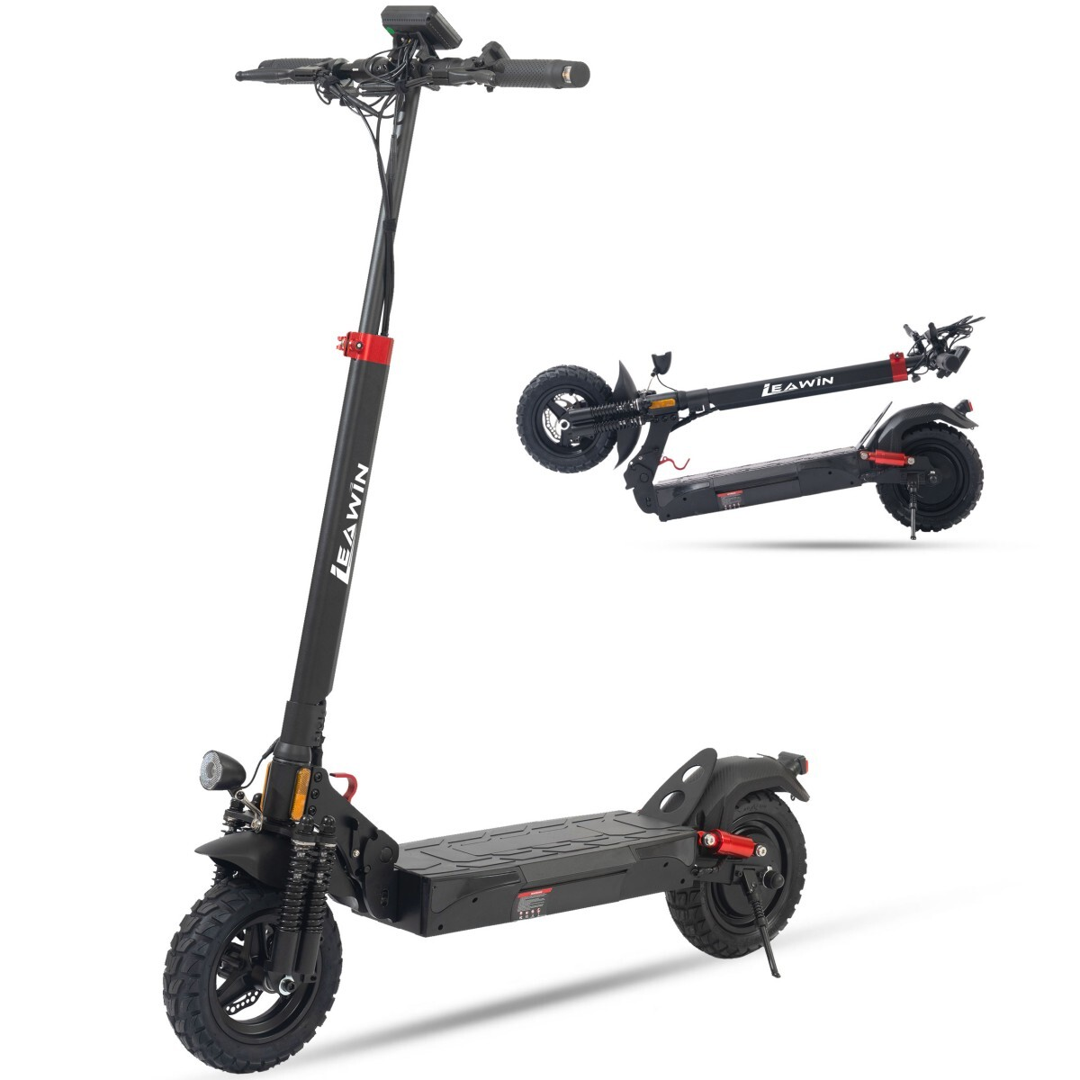 Czarna hulajnoga elektryczna. Logo LEAWIN na kierownicy. Dwie hulajnogi, jedna złożona, druga gotowa do użycia. Czarne opony i czerwone akcenty.
