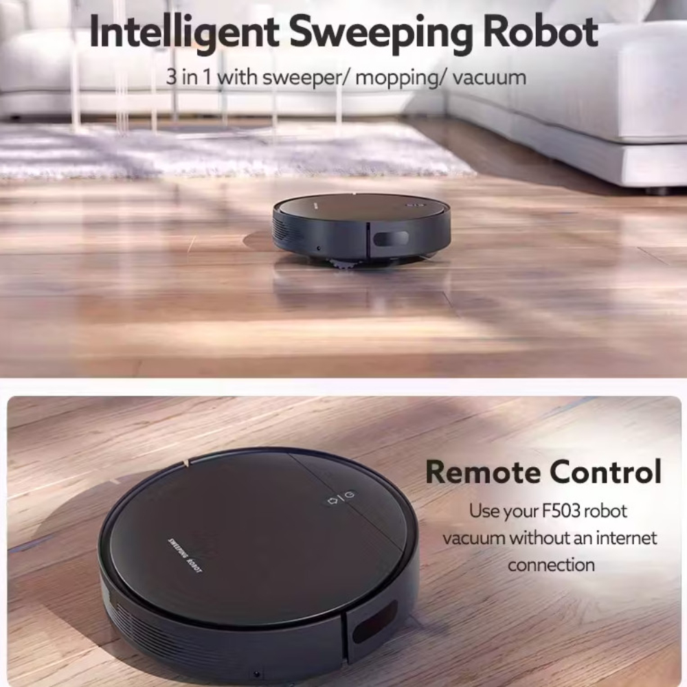 Un aspirapolvere robotico nero su un pavimento di legno. Il testo dice 'Robot aspirapolvere intelligente'. L'aspirapolvere è rotondo.