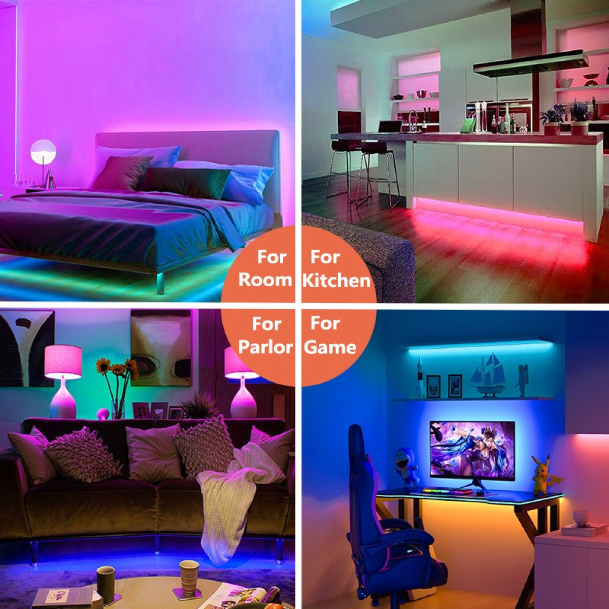 Four rooms with LED strip lighting. Bedroom, kitchen, parlor, and gaming setup. Each has a different color scheme.
