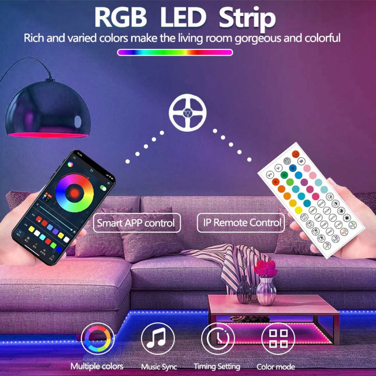 Image shows RGB LED strip with various control options: app, remote. Scene: living room with colorful lights on furniture, and a lamp.