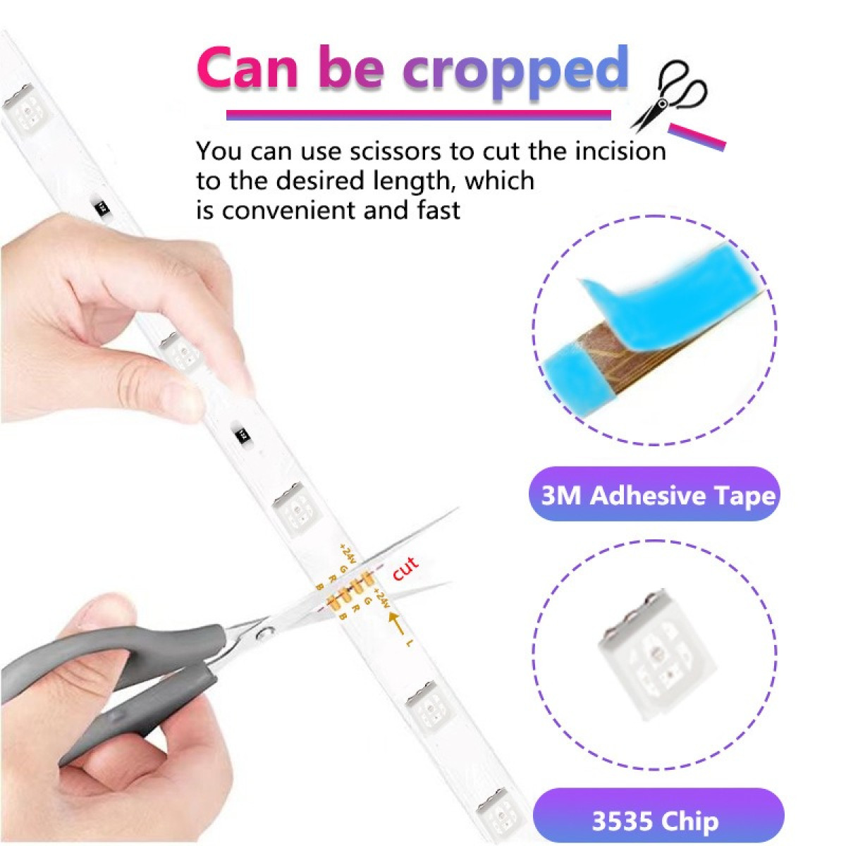 Scissors cutting a light strip. Text says 'Can be cropped'. Includes detail of 3M tape and a 3535 chip.