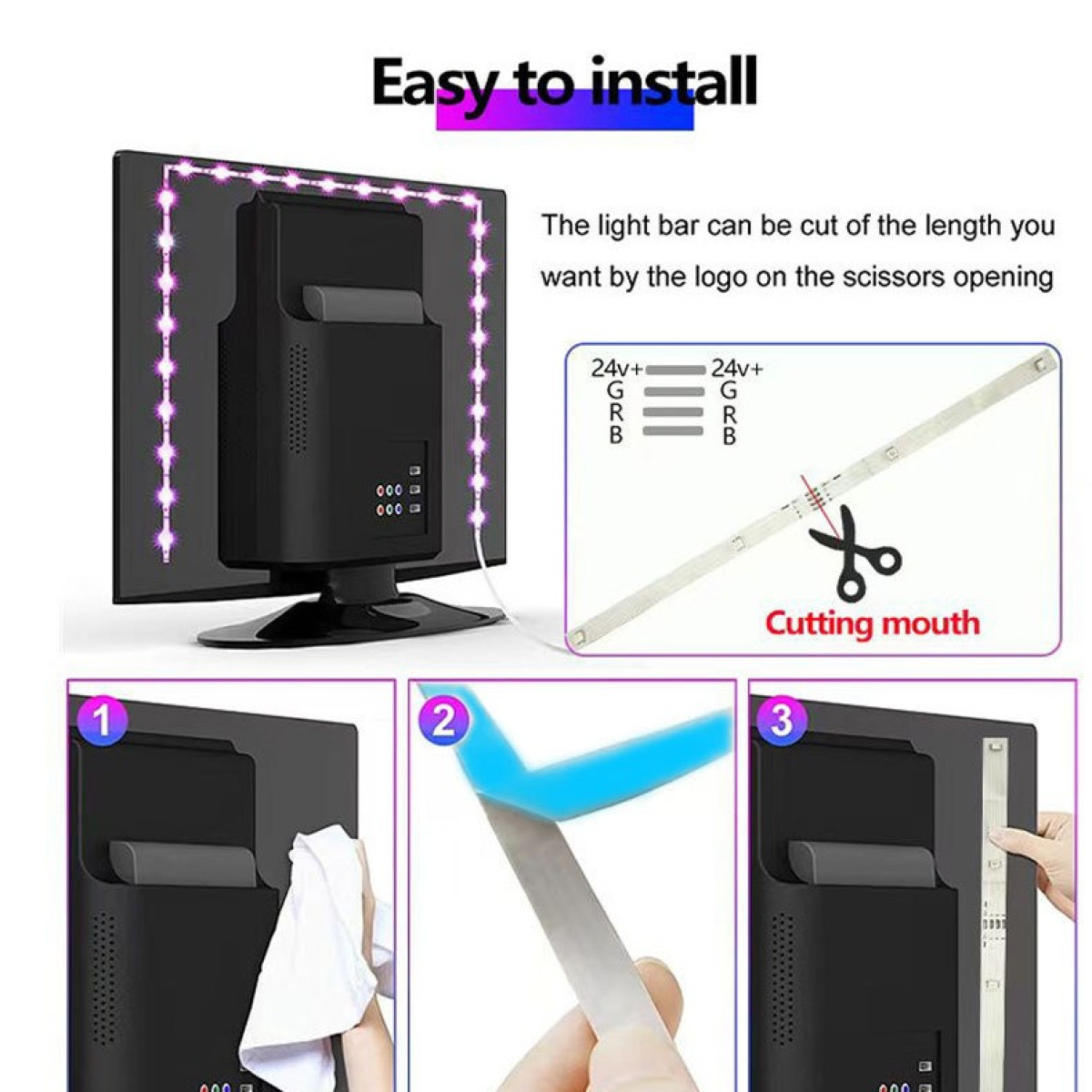 Image shows how to install LED strip lights on a TV. Includes steps and diagrams for cutting and attaching the lights.