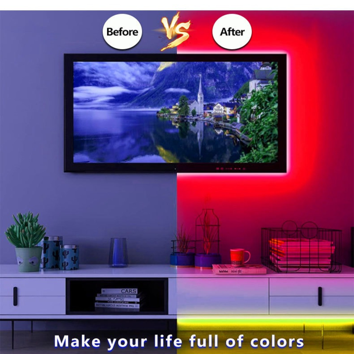 A TV displays a landscape. The wall is split, left side blue, right side red. Furniture below with plants and a shelf.