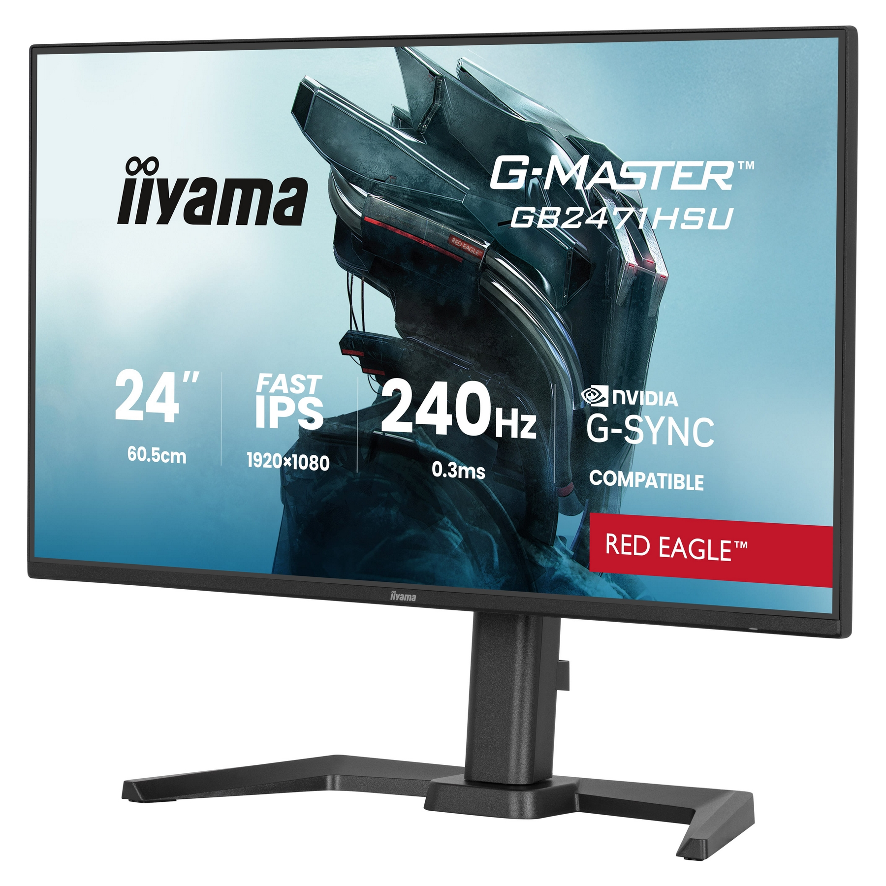 A computer monitor with the iiyama logo, G-MASTER GB2471HSU, 24 inch, 240Hz, and NVIDIA G-SYNC compatibility, stands on a black base.