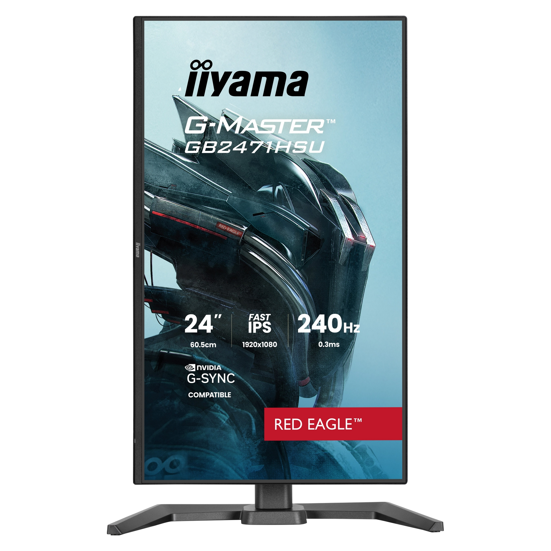 An Iiyama G-MASTER GB2471HSU monitor. It has a black stand and a screen displaying specs and a futuristic design.