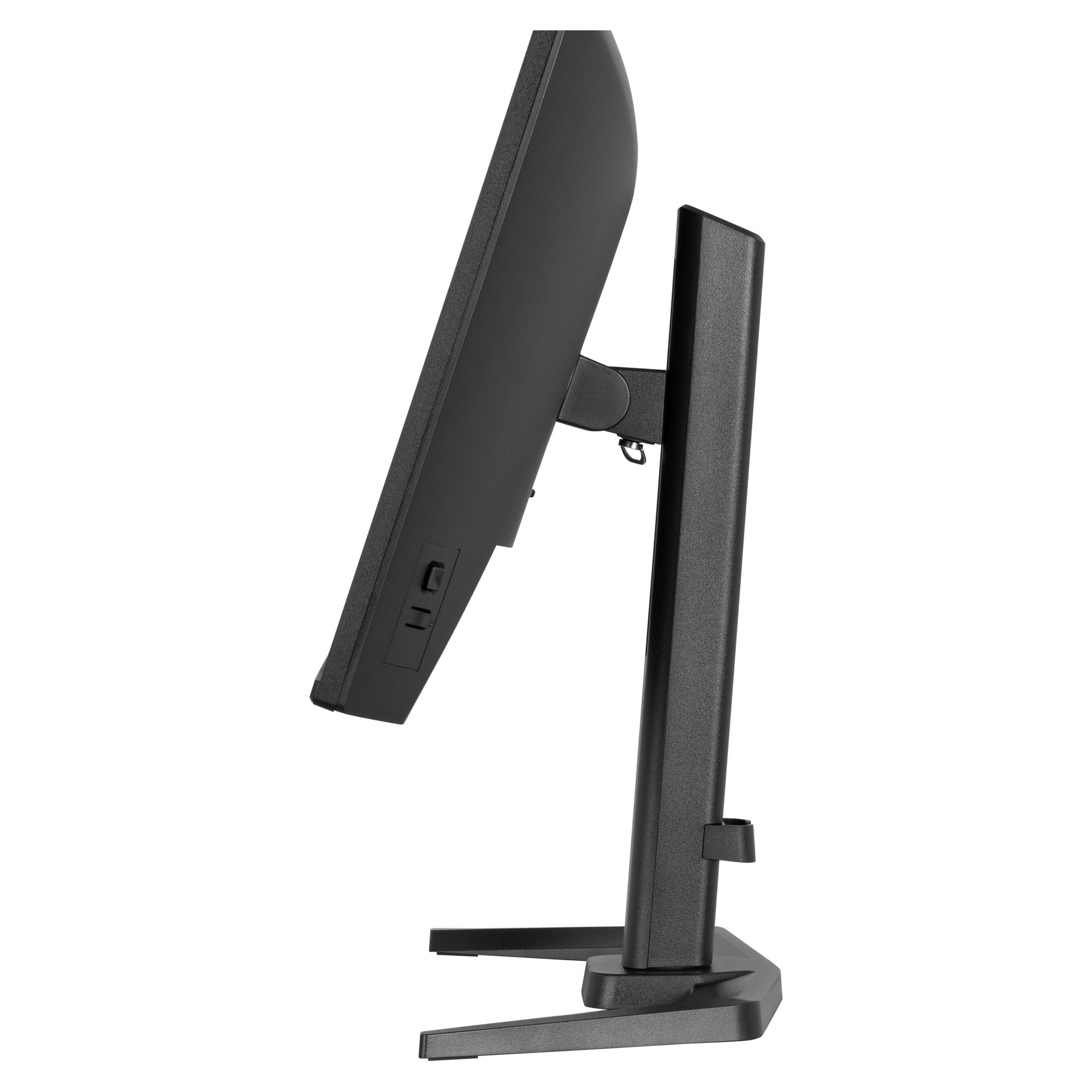 A side view of a black computer monitor. The screen is angled. It is on a black stand.