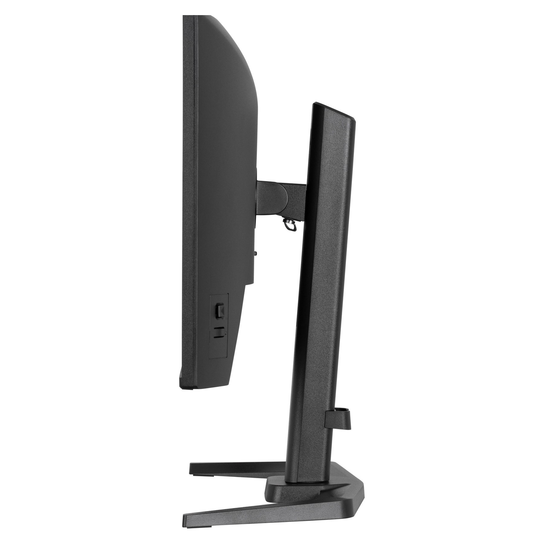 Side view of a black computer monitor. The screen is on the left, with the stand on the right.