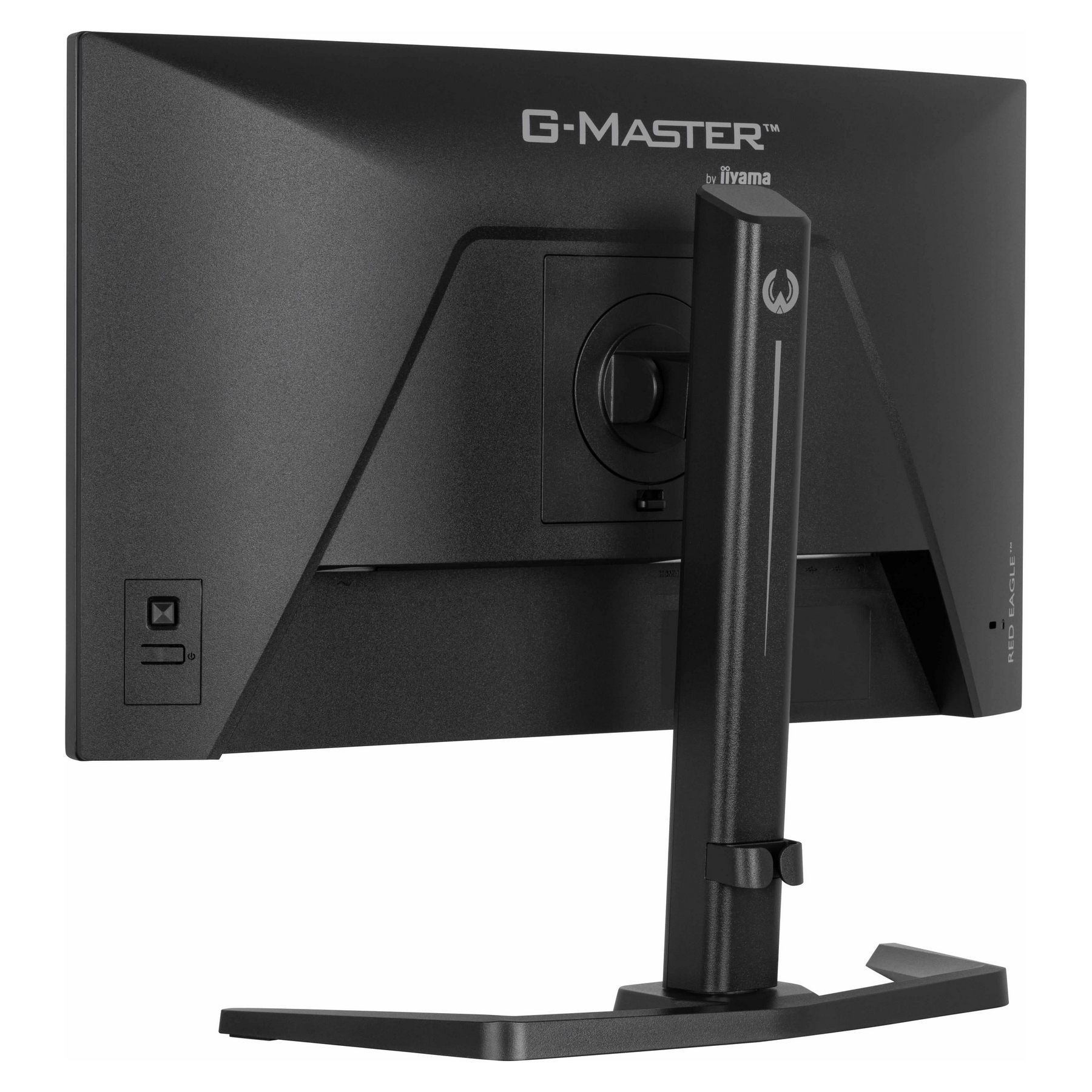 Rear view of a black computer monitor. The monitor is on a black stand. The brand name is G-MASTER by iiyama.
