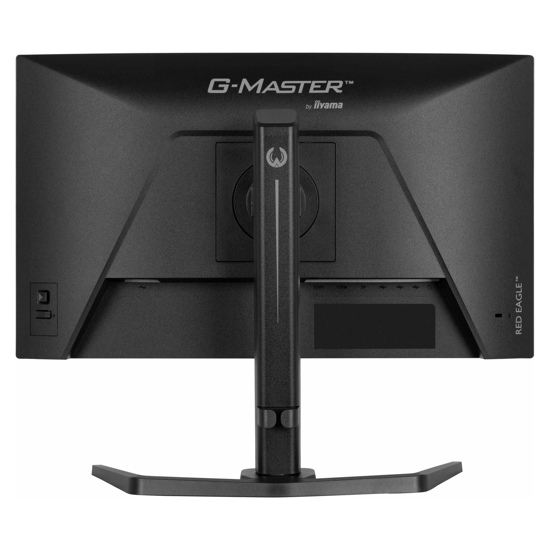 Rear view of a black computer monitor. The monitor has a stand and the text "G-MASTER" is visible.