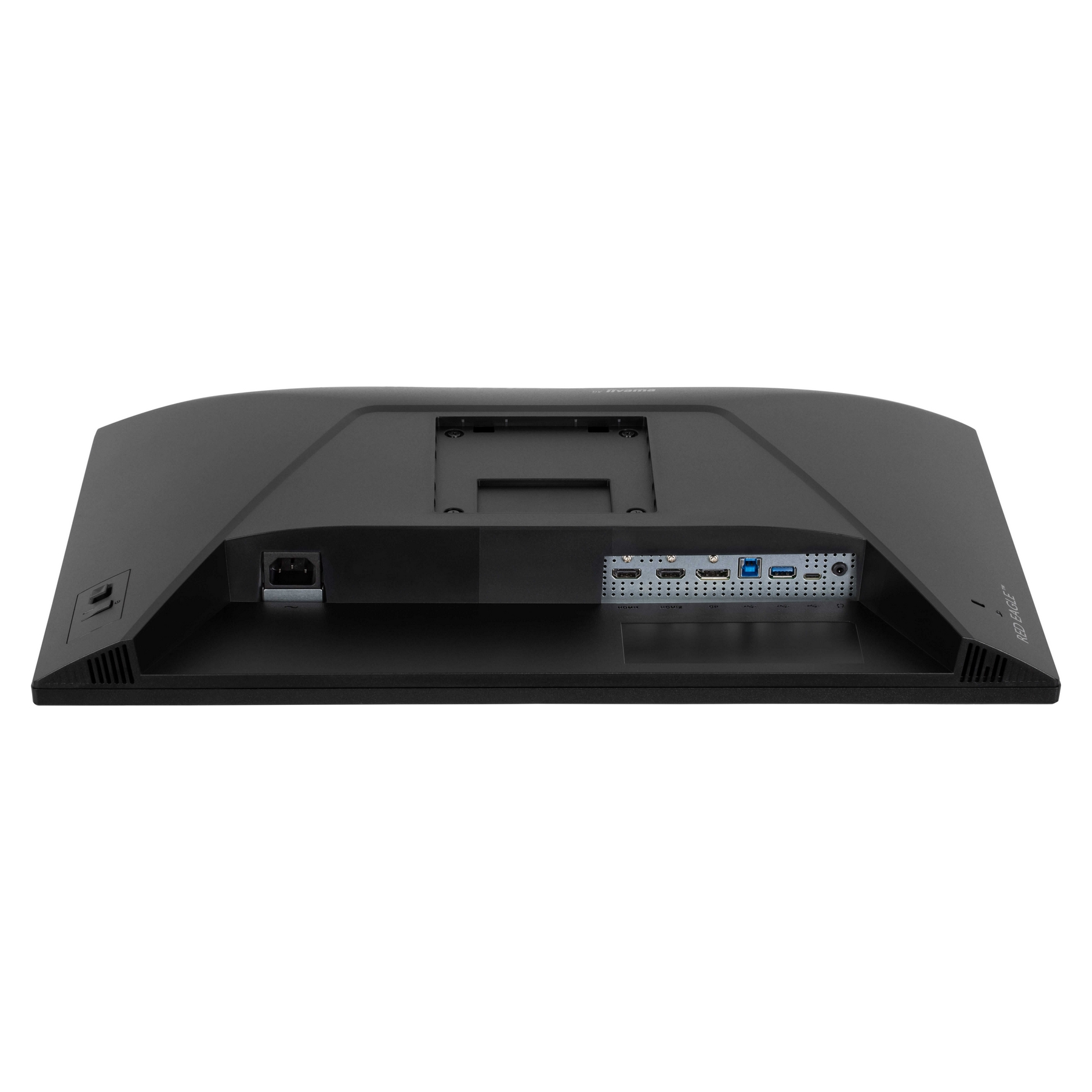 Rear view of a black computer monitor. Ports and power input are visible. The monitor is on a white background.