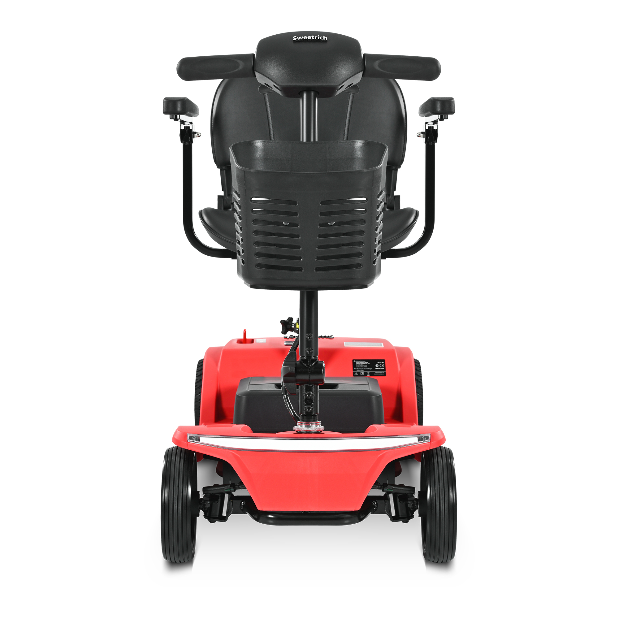 Czerwony skuter inwalidzki z czarnym siedzeniem, koszem i kołami. Logo Sweetrich na oparciu.