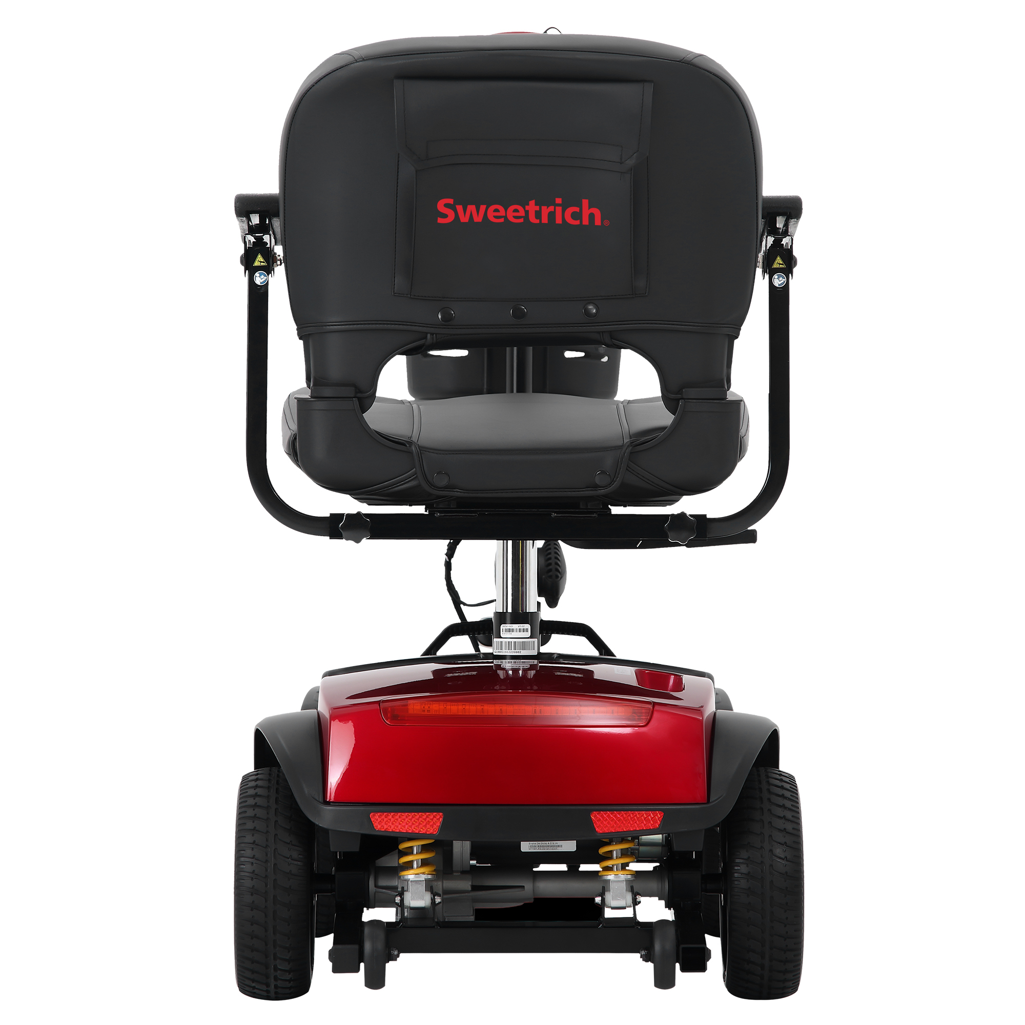 Widok z tyłu czerwono-czarnego zmotoryzowanego skutera inwalidzkiego. Ma czarne siedzenie i oparcie z logo Sweetrich. Widoczne dwa koła.