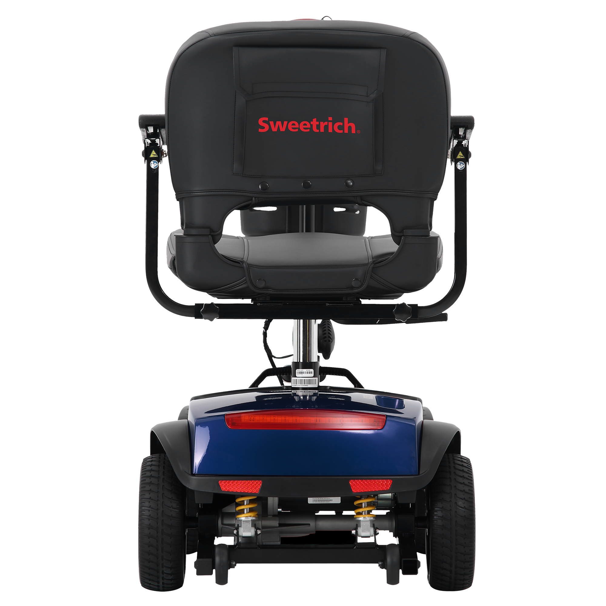 Widok z tyłu niebiesko-czarnego skutera inwalidzkiego. Ma czarne siedzenie i markę Sweetrich w kolorze czerwonym.