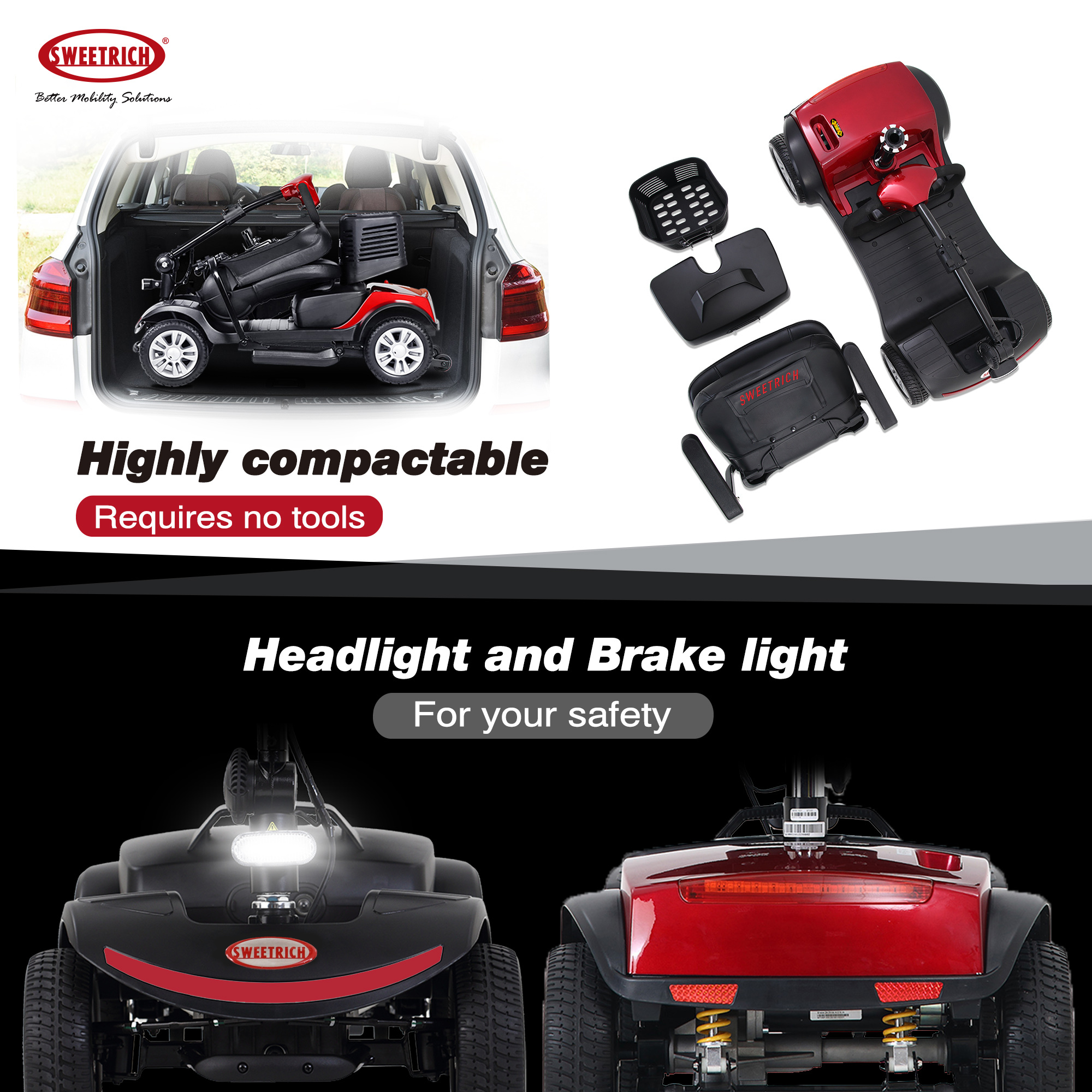 Obraz przedstawia czerwono-czarny skuter inwalidzki Sweetrich, kompaktowy i w częściach. Widoczny reflektor i światło stopu.